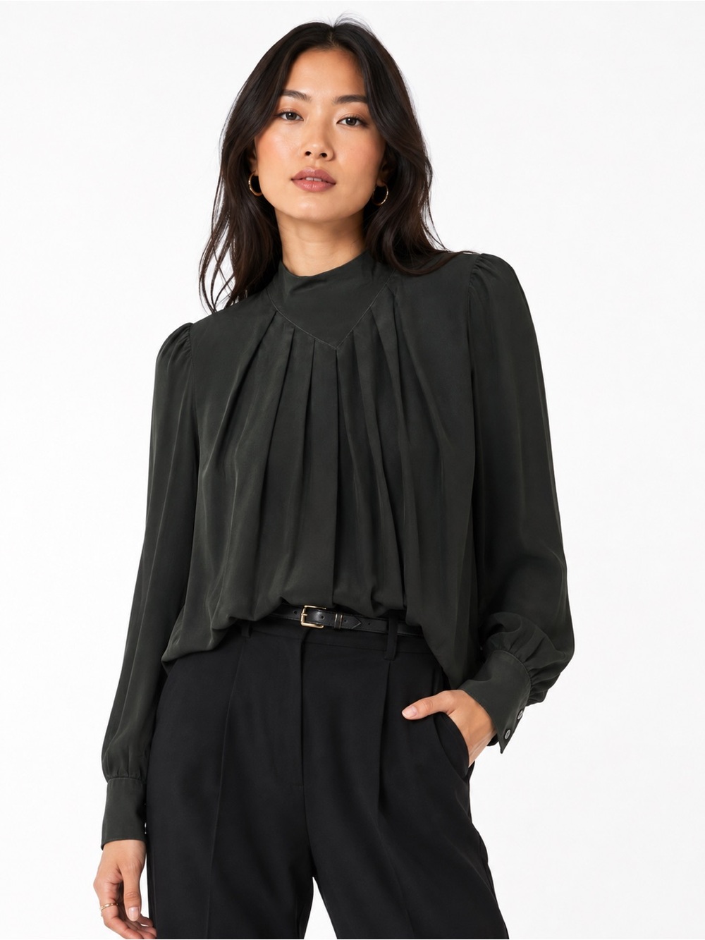 Olive Green 100% Silk Quiet Luxury Blouse Mock Neck Pleated Puff Sleeve Feminine
